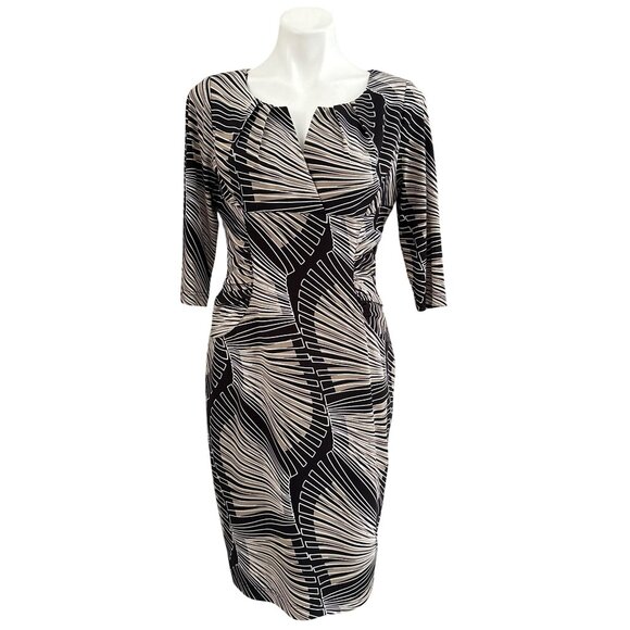 Adrianna Papell Black Beige Abstract Print Sheath Dress, Pleated Details Size 10 - Picture 1 of 10